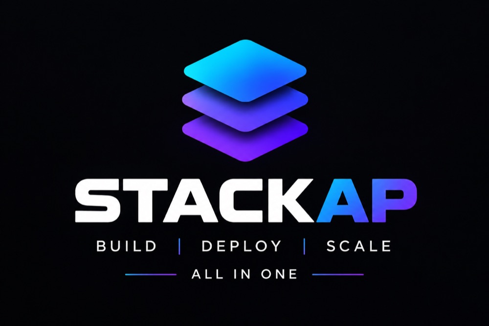 Stackap logo: three stacked blue and violet layers above the word STACKAP, with the line Build, Deploy, Scale, all in one